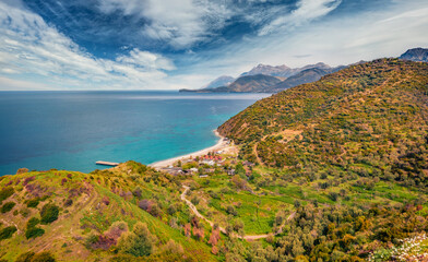 Aerial morning spring view of Buneci Beach. Breathtaking spring seascape of Adriatic sea. Stunning outdoor scene of Albania, Europe. Beauty of nature concept background..