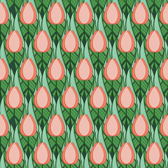 Seamless pattern with pink tulips in flat modern style. Design from multi-colored tulips in Damascus style. Vector illustration