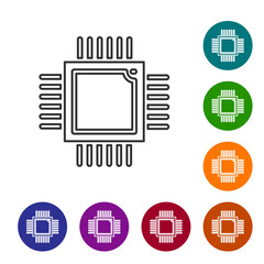 Black line Computer processor with microcircuits CPU icon isolated on white background. Chip or cpu with circuit board. Micro processor. Set icons in color circle buttons. Vector