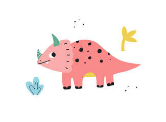 Dinosaur hand drawn color character. Funny cute dino. Vector kids illustration.