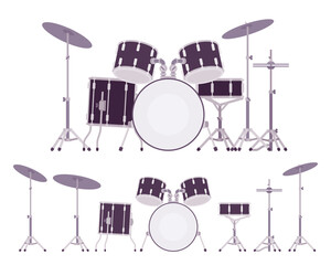 Complete drum set with cymbals and stands. Percussion instruments for training, stage performance. Vector flat style cartoon illustration isolated, white background, different views, positions