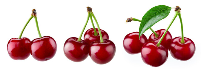 Cherri isolated. Sour cherry. Cherries with leaves on white background. Sour cherry set.