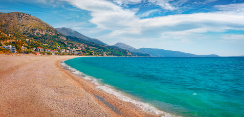 Attractive spring view of Borshit beach. Colorful Qazim Pali cityscape. Captivating morning seascape of Adriatic sea. Beautiful outdoor scene of Albania, Europe. Traveling concept background. - obrazy, fototapety, plakaty