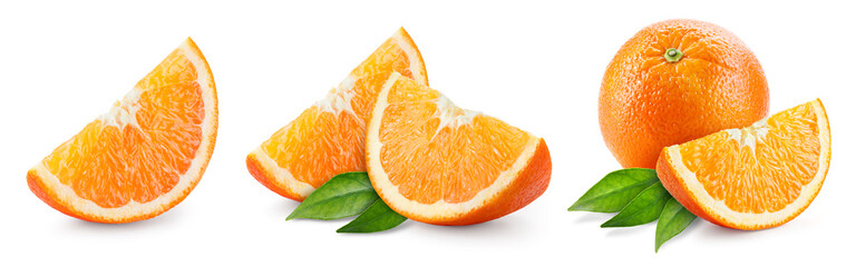 Orange slice isolate. Orange fruit slices and a whole with leaves on white background. Orang with...