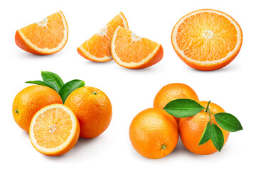 Orange fruit isolate. Orange fruit slices and a whole with leaves and branch on white background. Orang with full depth of field.