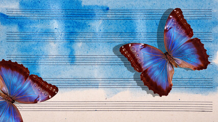 Morpho blue butterflies and notes. Butterfly melody. Photo of old music sheet in blue watercolor...