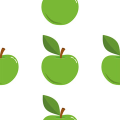 Abstract seamless background with green apples with leaves. . Creative flat style illustration