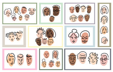 Family portrait wall with photos. Doodle set. Woman, man, boy, girl, teenager face portrait, grandmother grandfather old, young man, hairstyle, african, asian, european, american. Vector illustration.