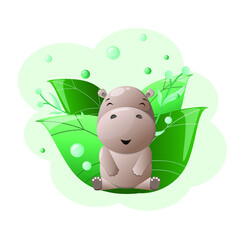 Naklejka premium Cute hippo sitting in the green leaves. Children's illustration of zhifotnykh.