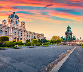 Beautiful summer scene of Maria Theresa Square with famous Naturhistorisches Museum (Natural History Museum) and monument to empress Maria Theresa, Vienna, Austria, Europe.