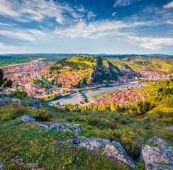 Obraz premium Aerial spring cityscape of Berat town, located on the Osum River. Colorful morning scene of Albania, Europe. Traveling concept background.