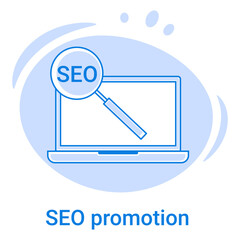 The SEO promotion and search engine icon.Search engine engineering and search algorithms.A laptop and a magnifying glass .Vector illustration of a thin line icon on a blue background.