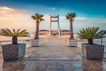 Nice sunrise in Durres, port city on the Adriatic Sea in western Albania, Europe. Picturesque Adriatic seascape. Calm spring scene of Albania. Traveling concept background.. - obrazy, fototapety, plakaty