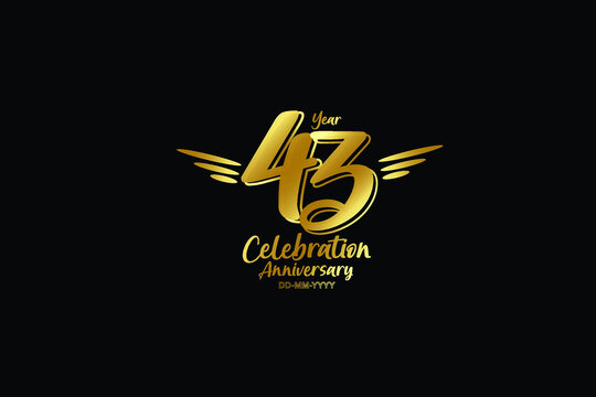 43 year anniversary gold colors on black background  with triple small stripes on left and right- vector 