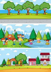 Set of different horizontal scenes background with doodle kids cartoon character