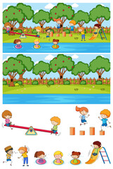 Playground scene set with many kids doodle cartoon character isolated