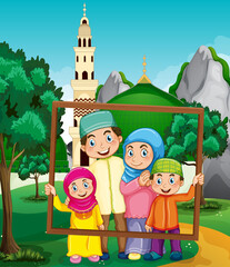 Happy family holding photo frame with mosque on the background