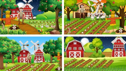 Wandcirkels aluminium Different farm scenes with old farmer and animal cartoon character © GraphicsRF