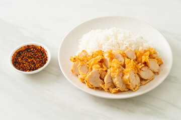 fried chicken topped rice with dipping sauce