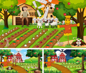 Set of farm scenes at different times
