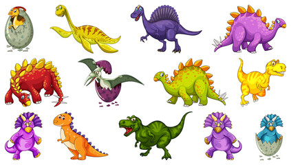 Different dinosaurs cartoon character and fantasy dragons isolated