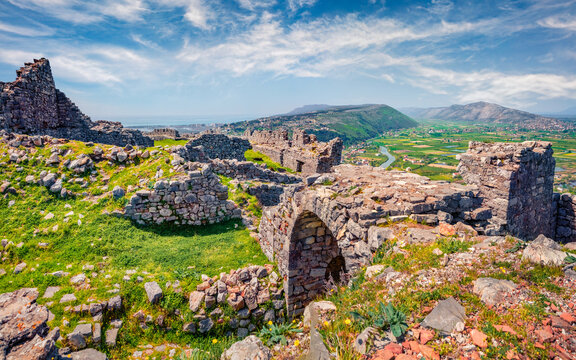 Wonderful spring view of ruins of Lezhe Fortress. Sunny morning scene of Albania, Europe. Traveling concept background..
