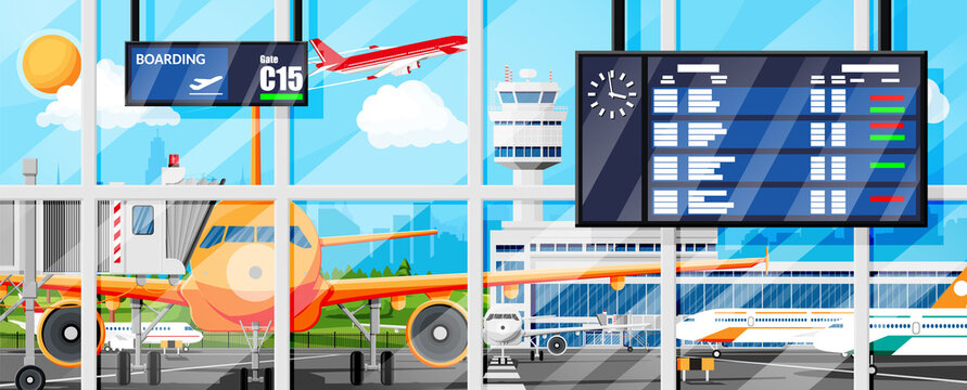 Plane Before Takeoff. Airport Control Tower, Jetway, Terminal Building And Parking Area. International Airport Concept. Cityscape, Airplane In Sky With Clouds And Sun. Flat Vector Illustration