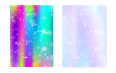 Kawaii background with rainbow princess gradient. Magic unicorn hologram.