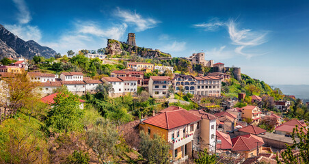 Picturesque spring view of Castle of Kruja. Colorful morning landscape of Albanian countryside. Sunny outdoor scene of Albania, Europe. Traveling concept background.. - obrazy, fototapety, plakaty