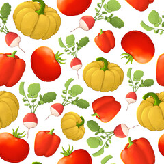 Pattern with red and orange vegetables on a white background