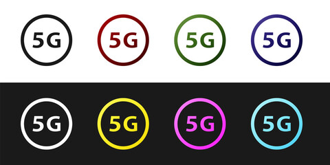Set 5G new wireless internet wifi connection icon isolated on black and white background. Global network high speed connection data rate technology. Vector