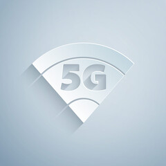 Paper cut 5G new wireless internet wifi connection icon isolated on grey background. Global network high speed connection data rate technology. Paper art style. Vector