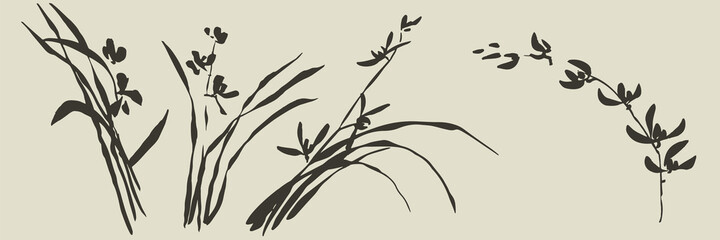 Shabby hand drawn wild orchid flowers set