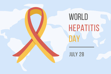World Hepatitis Day on July 28. Banner with red and yellow ribbon on world map. Medical poster for Viral Hepatitis. Vector illustration in flat cartoon style.