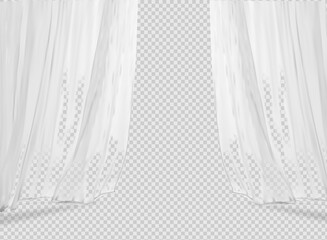 White lightweight fabric curtain fluttering realistic vector illustration mock up. Shower or window fabric on a curtain rod template. - obrazy, fototapety, plakaty