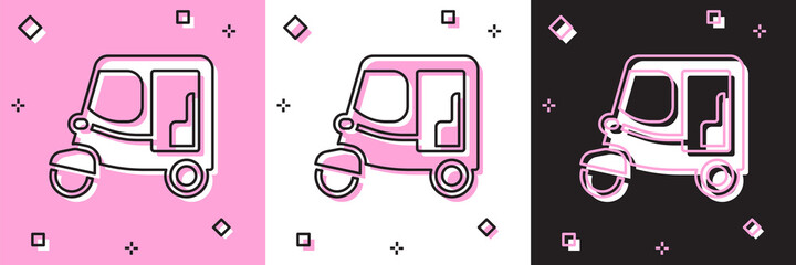 Set Taxi tuk tuk icon isolated on pink and white, black background. Indian auto rickshaw concept. Delhi auto. Vector