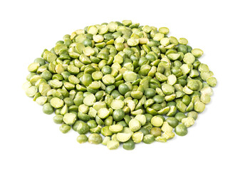 pile of green split peas closeup on white
