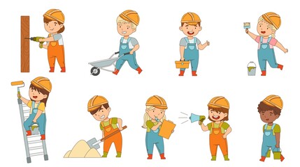 Little Builders Wearing Hard Hat and Overall Performing Work on Construction Site Vector Set