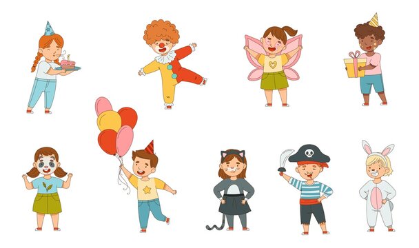 Cheerful Children in Masquerade Costumes and with Face Painting Engaged in Festive Celebration Vector Set