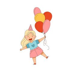 Little Girl Character in Birthday Hat and with Face Painting Carrying Bunch of Balloons Vector Illustration
