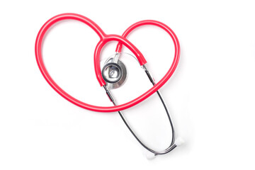 Red heart and stethoscope on a white isolated background. Health care concept, medical check up . Abstract medical background