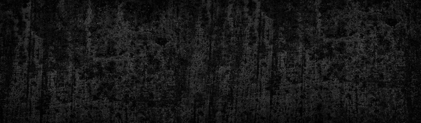 Black abstract grunge background. Rust texture. Damaged surface. Corroded metal. Rusty distressed background with copy space for design. Wide banner.