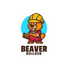 Vector Logo Illustration Beaver Builder Mascot Cartoon Style.