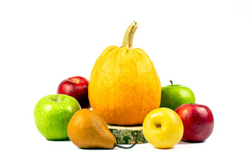 Obraz na płótnie Canvas Pumpkin, pear and various color apples isolated on white background. Natural and organic production concept. Part of set.