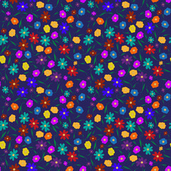 Seamless floral pattern with colorful flowers on a purple background. Spring bloom elements. Flowers in the summer garden. For textiles, wallpapers, backgrounds and postcards.