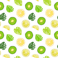 Seamless texture of green monstera leaves and tropical fruits. Foliage pattern, natural bstract background. Bright floral summer texture from citrus.