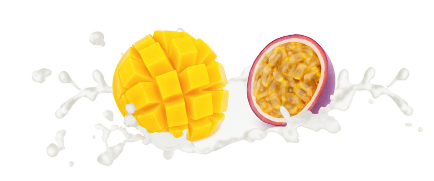 Cutted passion fruit with mango in milk splashes isolated on white background.