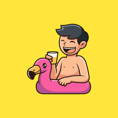 Happy Boy Cartoon with Flamingo Tires. Summer Vector Icon Illustration, Isolated on Premium Vector