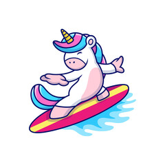Cute Unicorn Playing Surfing with Cute Pose. Animal Vector Icon Illustration, Isolated on Premium Vector