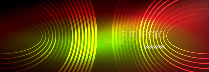 Dark abstract background with glowing neon circles. Trendy layout template for business or technology presentation, internet poster or web brochure cover, wallpaper
